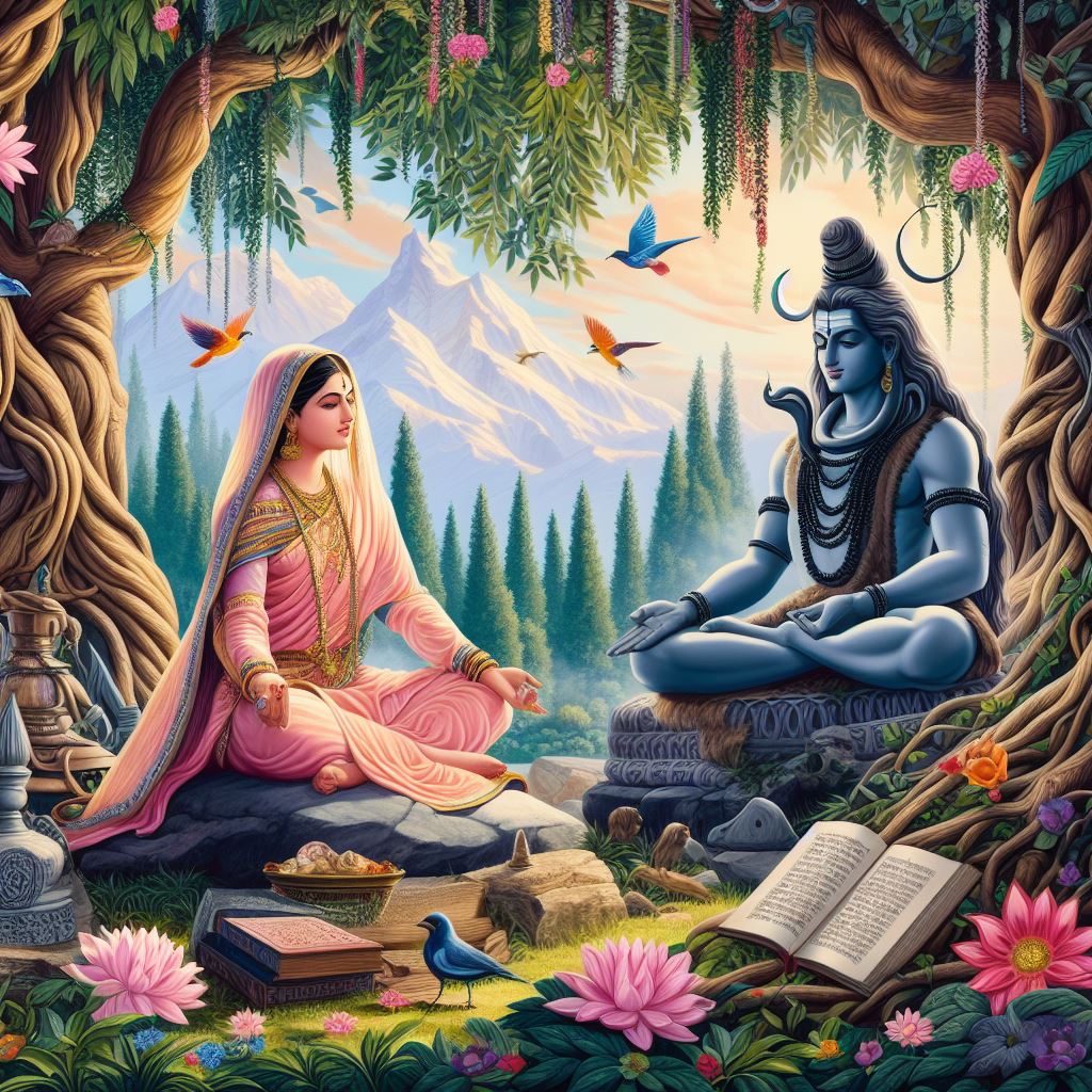 A portrait of Lal Ded, a 14th-century Kashmiri mystic and poetess, with a serene expression, clad in simple attire worshiping Shiv