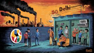 An illustration depicting a polluted industrial area with smokestacks and a group of children living in makeshift shelters nearby, with the Delhi signboard in the background