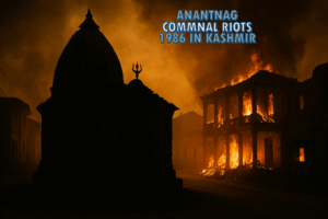 A small temple stands in the dark while a nearby building is on fire during the 1986 Anantnag riots in Kashmir