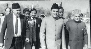 Farooq Abdullah, Rajiv Gandhi, and Mufti Mohammad Sayeed at a political event in Jammu and Kashmir during the 1980s