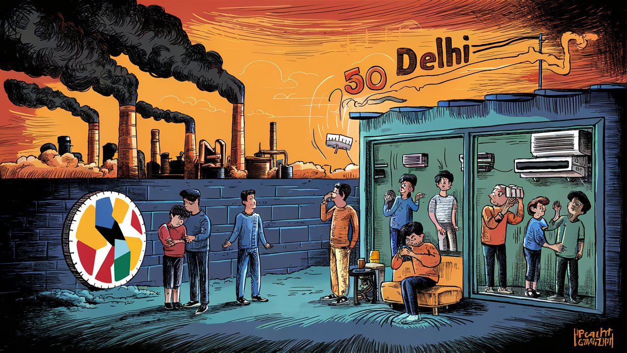 An illustration depicting a polluted industrial area with smokestacks and a group of children living in makeshift shelters nearby, with the Delhi signboard in the background