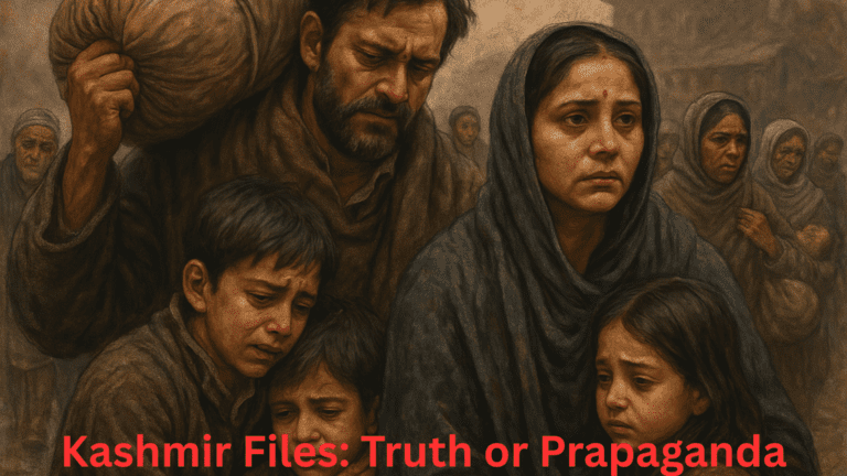 A somber painting depicting the exodus of Kashmiri Pandits, featuring a distressed Hindu family fleeing with their belongings against a backdrop of destruction and despair.