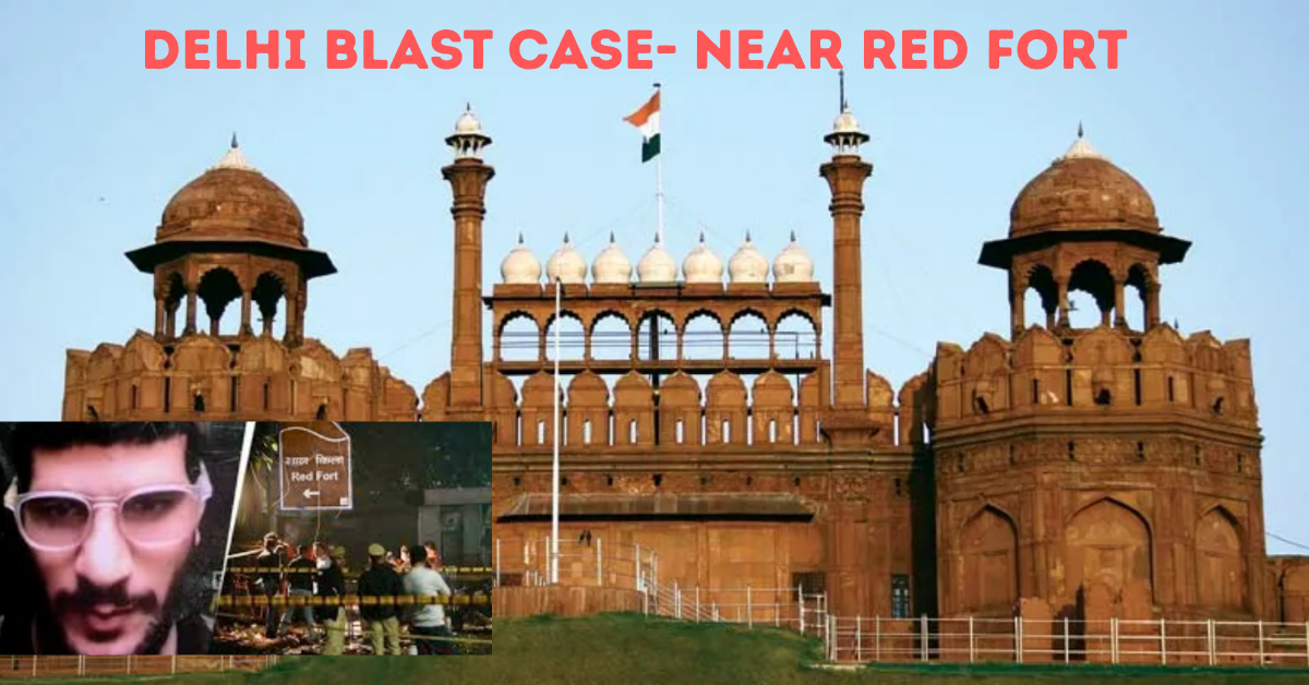 White-collar terrorism incident near Red Fort showing the monument in the background with investigation teams and suspect visuals in the corner.
