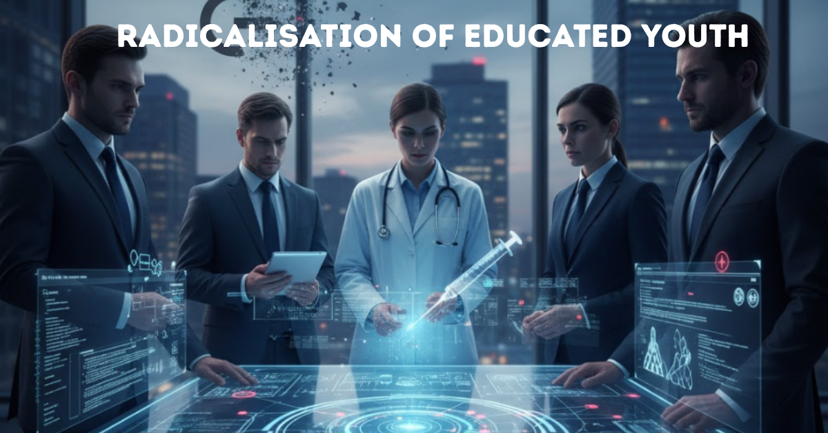 Professional team including doctor with stethoscope and business professionals examining digital holographic displays showing radicalisation of youth data and security threats in modern urban setting
