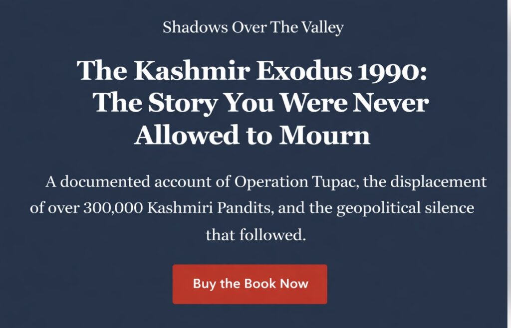 Shadows Over The Valley book cover highlighting the Kashmir Exodus of 1990 and its human impact