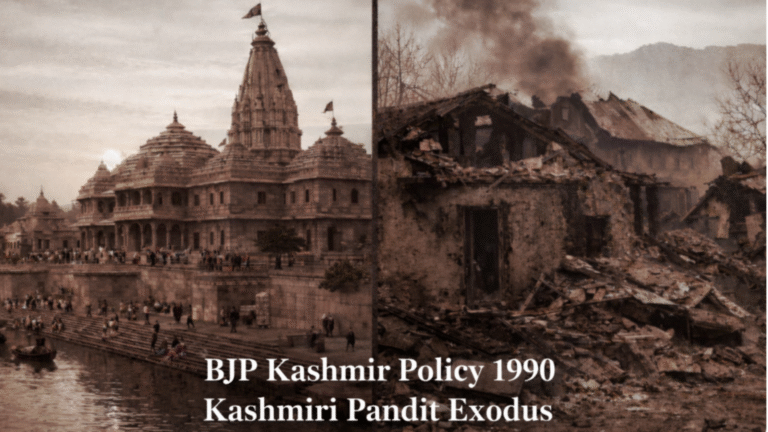 Split image illustrating BJP Kashmir Policy 1990, showing a prominent Indian temple complex on one side and destroyed homes in Kashmir representing the Kashmiri Pandit Exodus