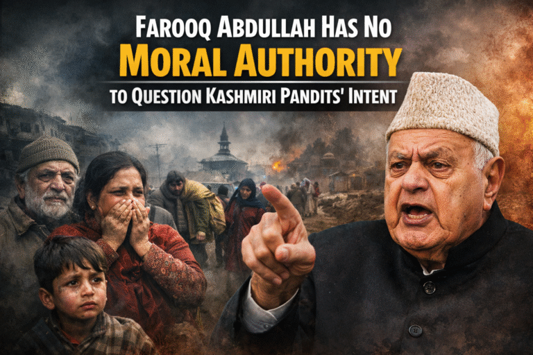 Farooq Abdullah addressing the public, with displaced Kashmiri Pandit families fleeing violence during the 1990 Kashmir exodus in the background