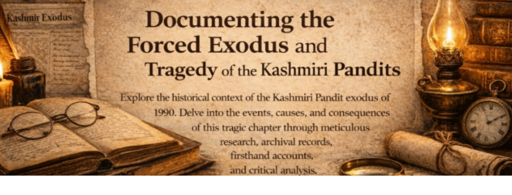 Archival-style visual documenting the forced exodus and historical tragedy of the Kashmiri Pandit community