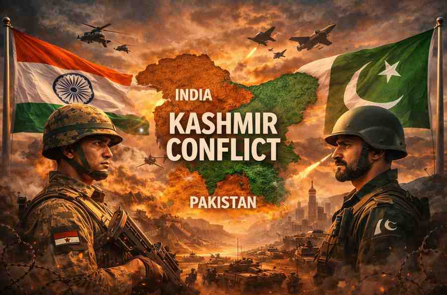 Kashmir Issue illustrated through Indian and Pakistani soldiers facing each other across the disputed region