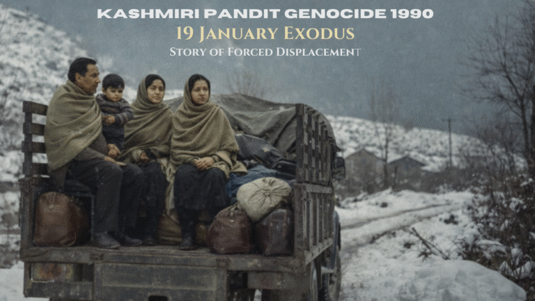 Kashmiri Pandit family displaced during the January 1990 exodus, travelling in winter through the Kashmir Valley with their belongings.