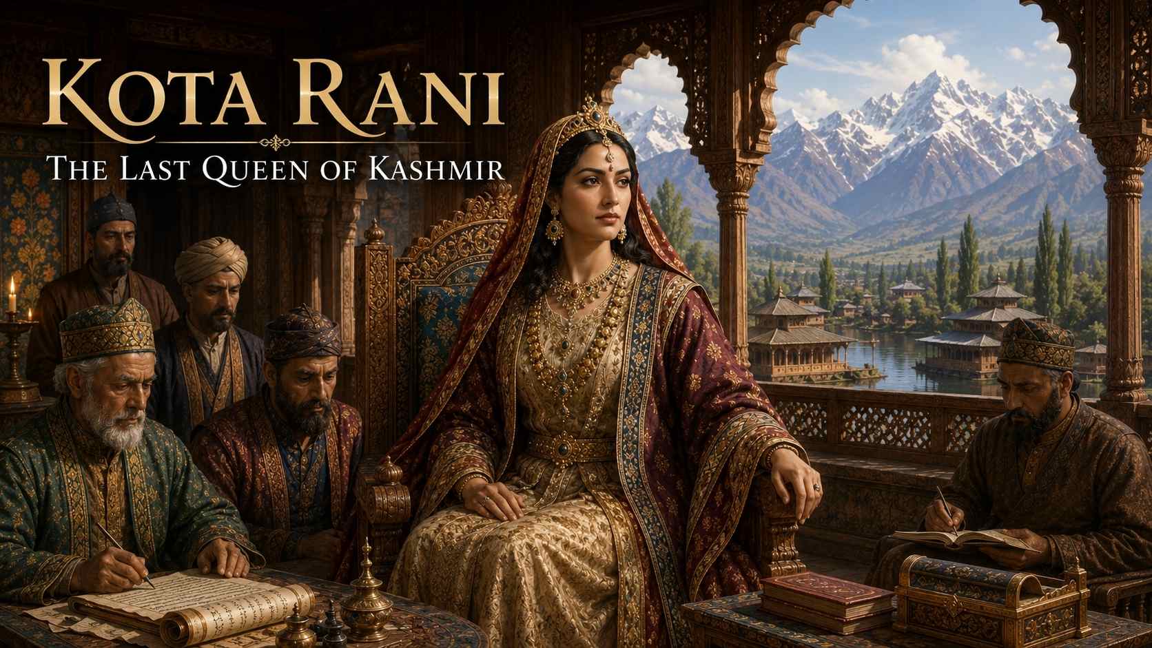 Historically inspired illustration of Kota Rani seated on the royal throne in a medieval Kashmiri court with advisers and the Himalayan landscape in the background.