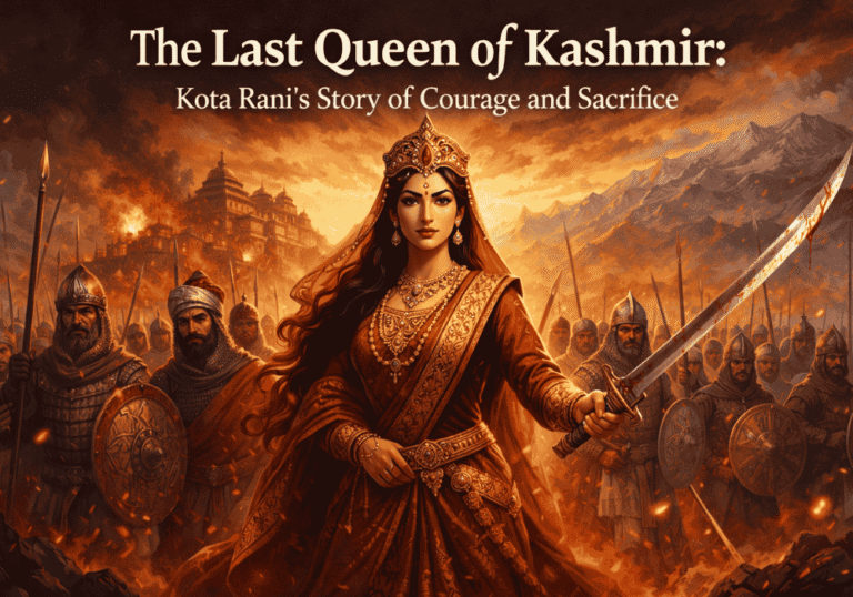 Kota Rani, the last queen of Kashmir, standing before a burning medieval Srinagar with soldiers behind her, symbolising courage and sacrifice