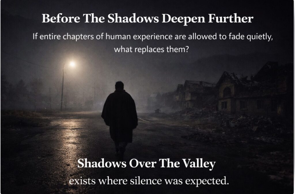 A solitary figure walking through a dark, deserted valley symbolising silence, loss, and memory after the Kashmir Exodus of 1990