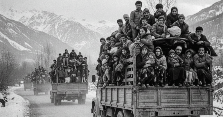 Black and white photograph showing multiple trucks overcrowded with Kashmiri Pandit families—men, women, and children—fleeing their homeland through snow-covered mountain roads during the January 1990 forced exodus from Kashmir Valley