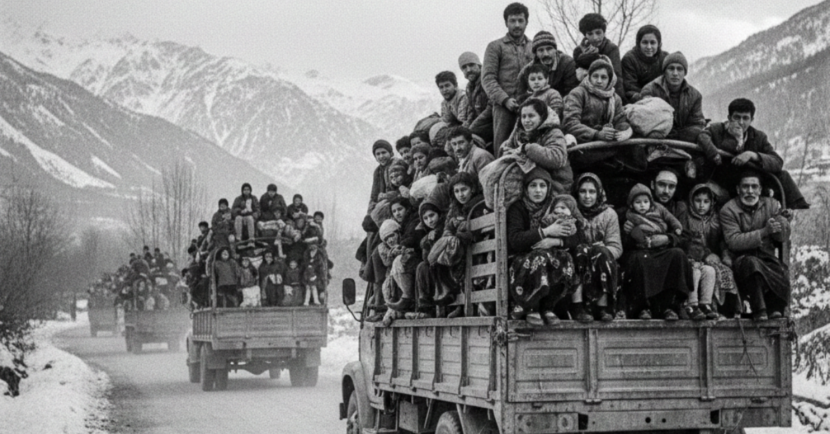 Black and white photograph showing multiple trucks overcrowded with Kashmiri Pandit families—men, women, and children—fleeing their homeland through snow-covered mountain roads during the January 1990 forced exodus from Kashmir Valley