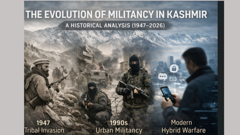 Kashmir Militancy History timeline showing 1947 tribal invasion, 1990s urban militancy, and modern hybrid warfare with digital elements