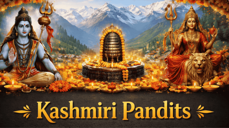 Sacred representation of Kashmiri Pandits with Lord Shiva, Goddess Sharika, and a Shivling in a Himalayan valley symbolizing faith, loss, and exile.
