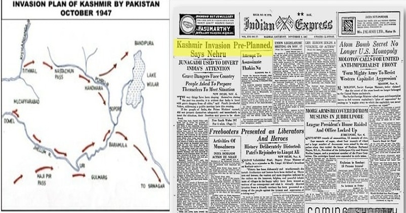 Operation Gulmarg 1947 map showing invasion routes into Kashmir alongside Indian Express newspaper clipping reporting Kashmir invasion
