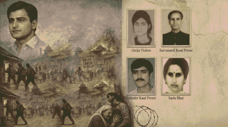 Illustrated collage showing Bhushan Lal Raina with grieving mother, scenes of violence during the 1990 Kashmiri Pandit exodus, and portraits of Girija Tickoo, Verinder Kaul Premi, Sarvanand Kaul Premi, and Sarla Bhat