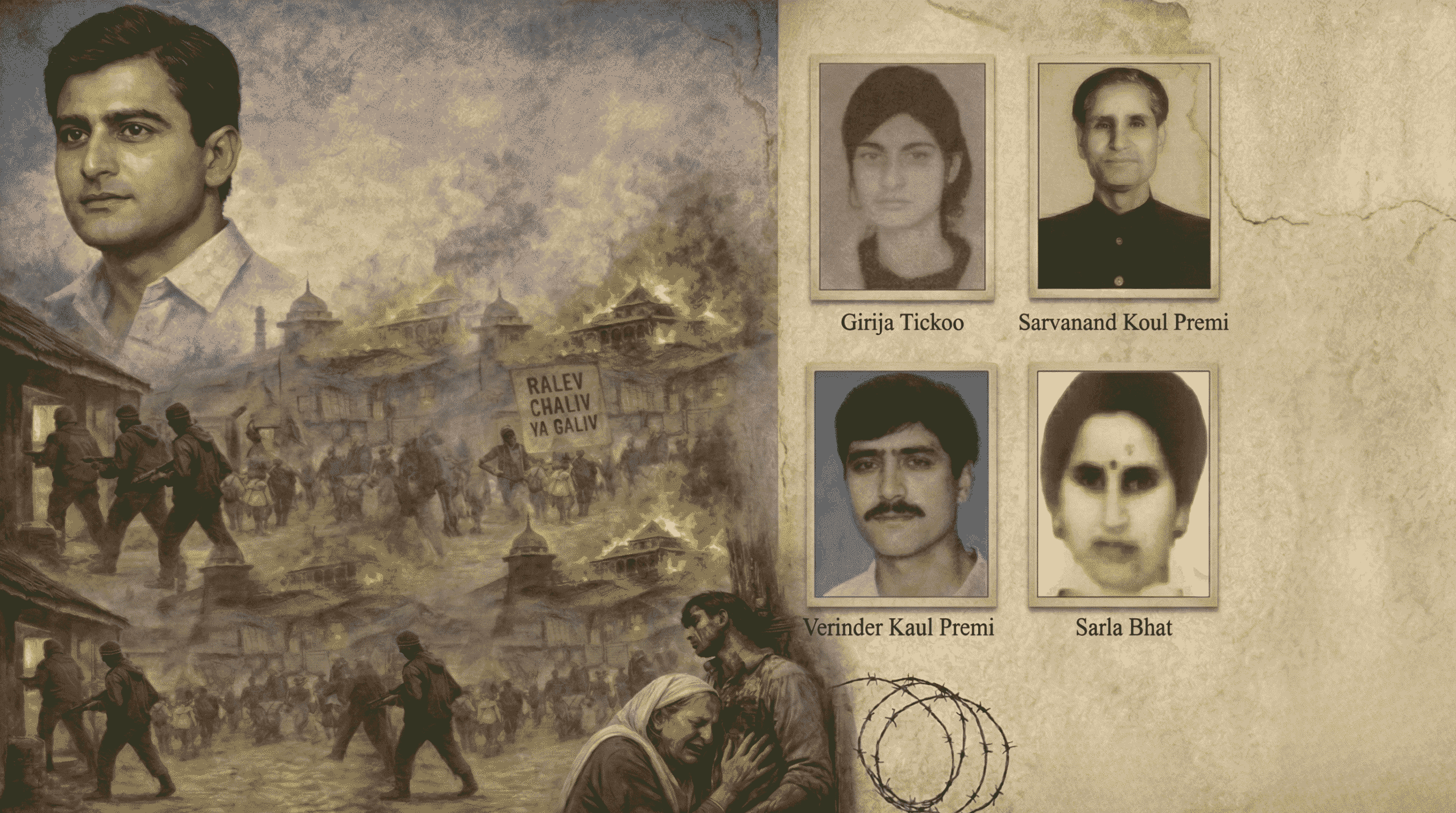 Illustrated collage showing Bhushan Lal Raina with grieving mother, scenes of violence during the 1990 Kashmiri Pandit exodus, and portraits of Girija Tickoo, Verinder Kaul Premi, Sarvanand Kaul Premi, and Sarla Bhat