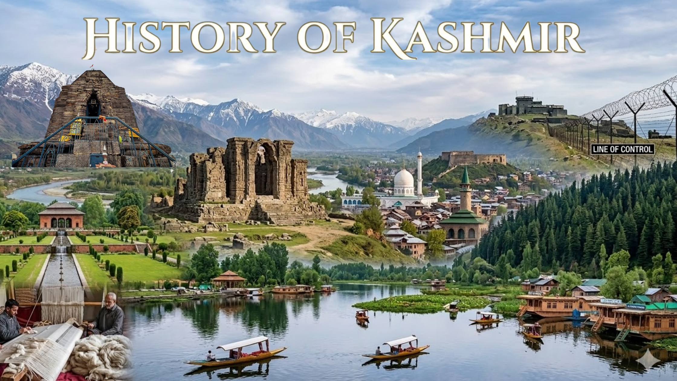 History of Kashmir visual collage showing ancient temples, Mughal gardens, Srinagar cityscape, Dal Lake houseboats, and the Line of Control in the Himalayan valley.