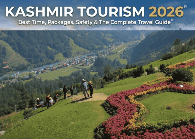 Panoramic view of a lush green valley in Kashmir with tourists walking along a landscaped garden overlooking a scenic town surrounded by mountains.