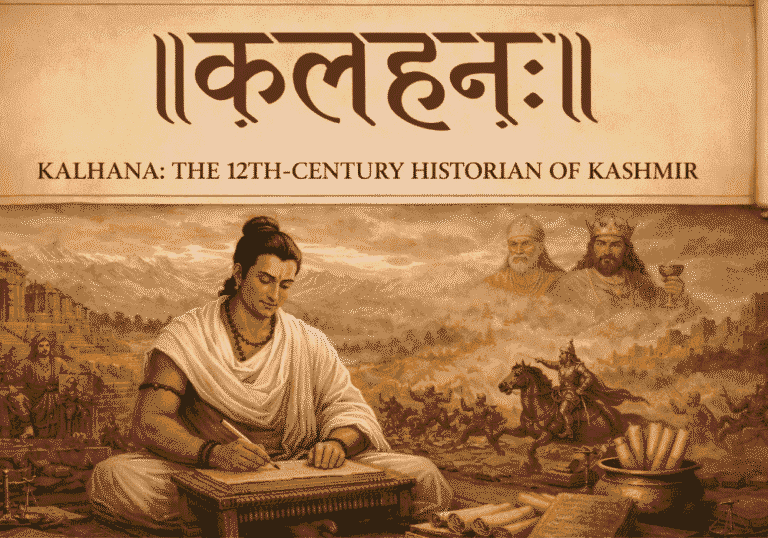 Kalhana writing the Rajatarangini in ancient Kashmir with temples, kings, and battle scenes in the background
