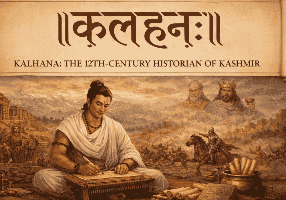 Kalhana writing the Rajatarangini in ancient Kashmir with temples, kings, and battle scenes in the background