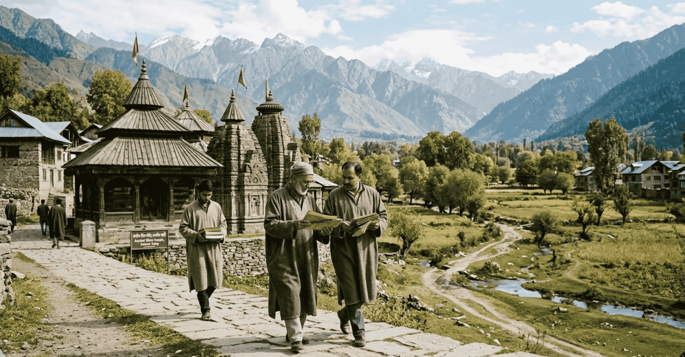 History of Kashmir scholars reading ancient manuscripts near a traditional Kashmiri temple in the Kashmir Valley