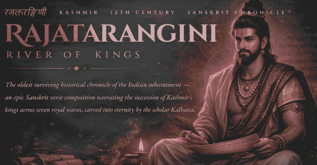 RajaTarangini art work depicting Kalhana writing the River of Kings Sanskrit chronicle in ancient Kashmir