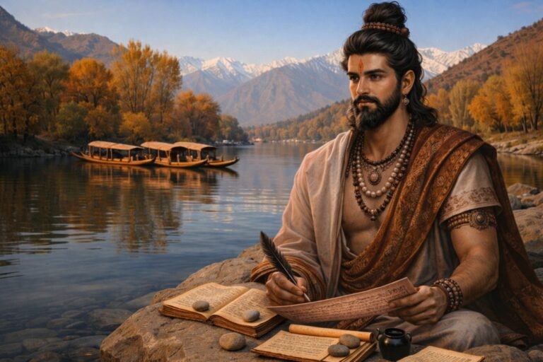Kalhana writing Rajatarangini manuscript beside Jhelum river in Kashmir with shikaras and Himalayan mountains