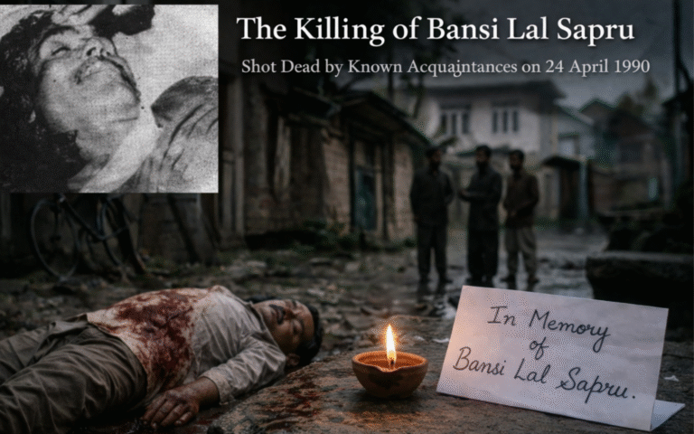 Memorial-style image depicting the killing of Bansi Lal Sapru in Kashmir 1990, with candle and tribute note representing Kashmiri Pandit exodus violence.