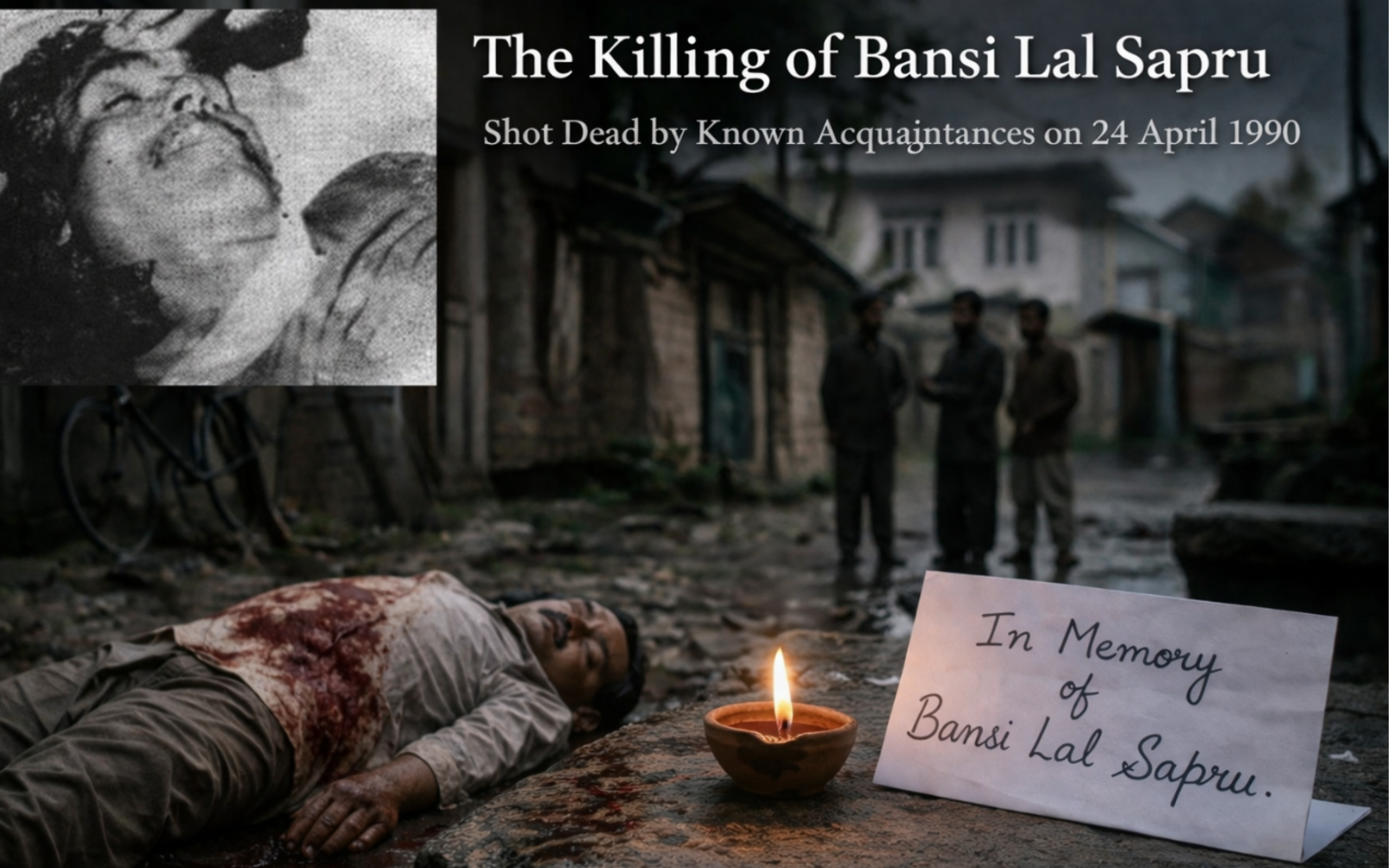 Memorial-style image depicting the killing of Bansi Lal Sapru in Kashmir 1990, with candle and tribute note representing Kashmiri Pandit exodus violence.