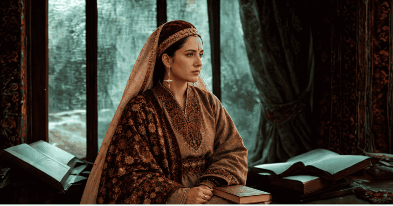 Portrait of Arnimal in traditional Kashmiri Pandit attire, wearing authentic Dejhoor earrings and seated against a scenic Kashmir backdrop, symbolizing the poetess's life, love, and literary legacy.