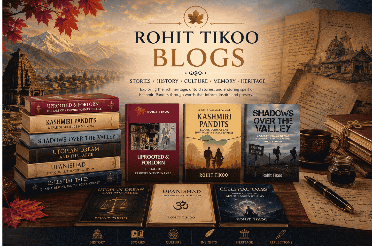 Banner for Rohit Tikoo Blogs featuring the author's published books, including Uprooted & Forlorn, Kashmiri Pandits: A Tale of Solitude & Survival, Shadows Over the Valley, Utopian Dream and the Farce, Upanishad: The Concentrated Wisdom, and Celestial Tales, set against a scenic Kashmir landscape with mountains, manuscripts, and heritage-inspired elements.