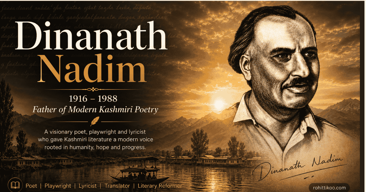 Dinanath Nadim (1916–1988), the father of modern Kashmiri poetry, featured in a vintage editorial-style tribute banner with a sepia portrait, Dal Lake shikara, Kashmir mountains at sunset, and elegant typography highlighting his literary legacy.