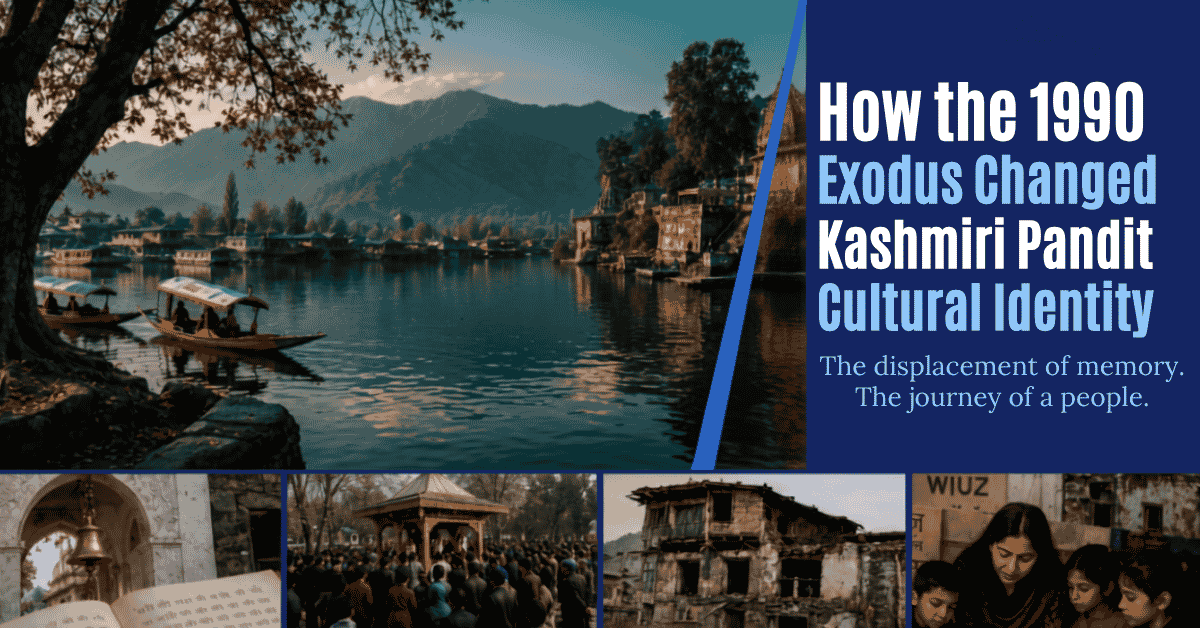 A cinematic blog header featuring a scenic Kashmir lake with shikaras and mountains at dusk, overlaid with bold white and blue typography. A bottom photo strip shows religious texts, a temple gathering, damaged buildings, and students studying.