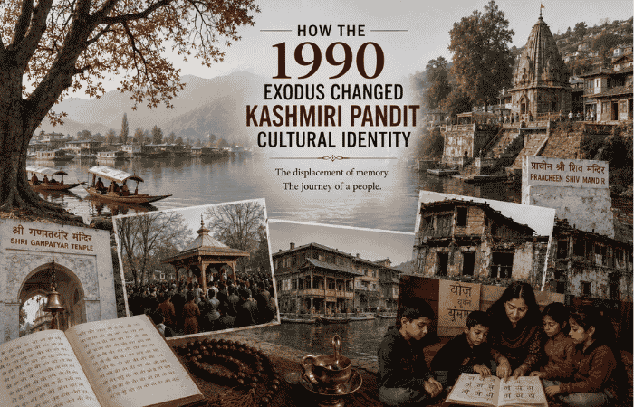 How the 1990 Exodus Changed Kashmiri Pandit Cultural Identity – feature image showing Ganpatyar Temple, Kheer Bhawani, traditional Kashmiri homes, Dal Lake, cultural symbols, and younger generations preserving Kashmiri heritage through memory and language.