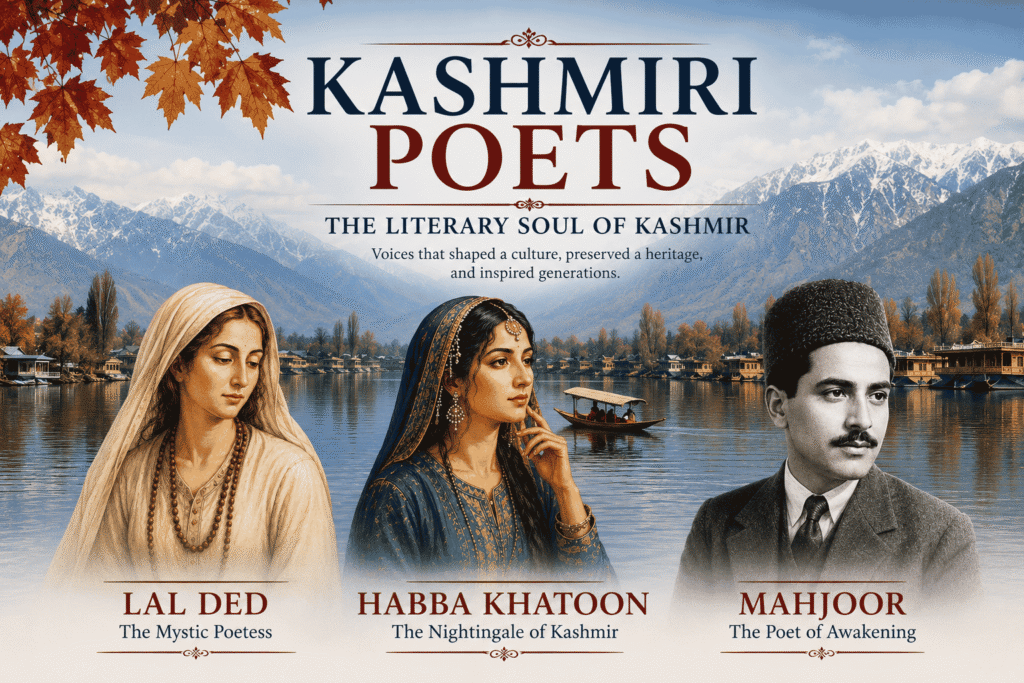 Banner featuring Kashmiri poets Lal Ded, Habba Khatoon, and Mahjoor against the backdrop of Dal Lake and the Himalayan mountains, celebrating Kashmir's literary heritage.