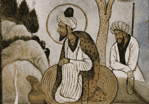 Nund Rishi seated beside a stream under a large tree, depicted in a 17th-century Kashmiri manuscript painting.