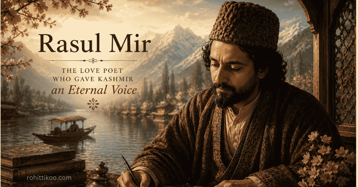 Rasul Mir, the Love Poet of Kashmir, portrayed in an editorial-style illustration writing poetry against the breathtaking backdrop of Kashmir's snow-capped mountains, Dal Lake, and blooming spring orchards, symbolising his timeless literary legacy.