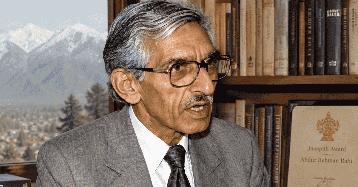 Rehman Rahi: renowned Kashmiri poet and First Jnanpith Award laureate of Kashmir, seated in a grey suit in a scholarly office with bookshelves and a view of the Kashmir mountains.