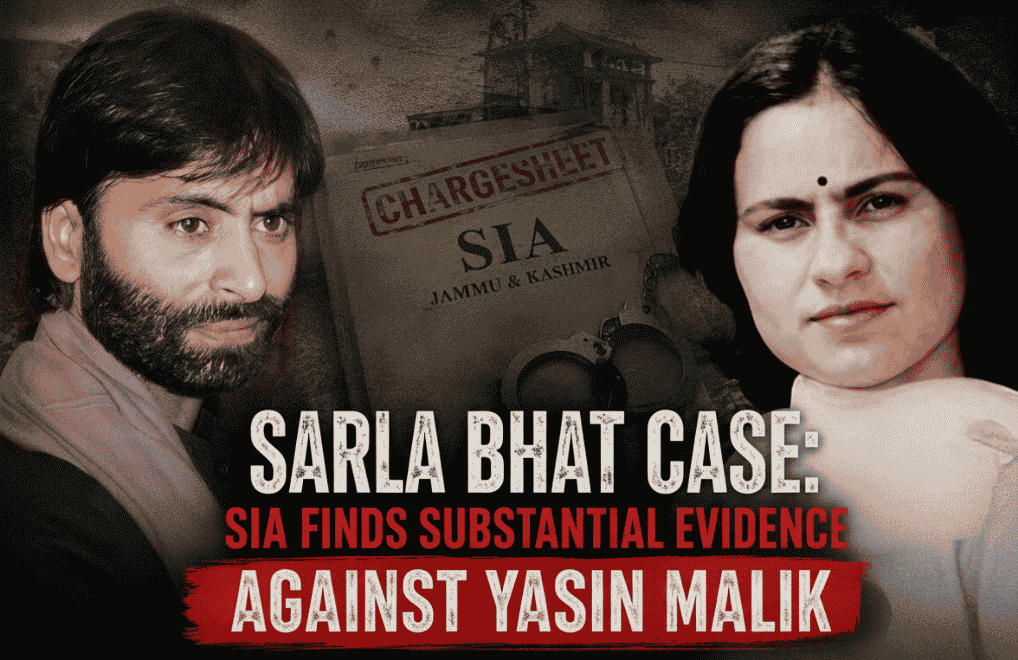 Sarla Bhat Case: Feature image showing Yasin Malik alongside Sarla Bhat with an SIA chargesheet in the background, representing the investigation into the Sarla Bhat rape and murder case.
