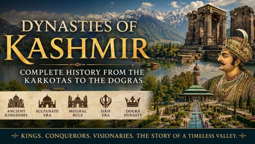 Dynasties of Kashmir illustrated with the Martand Sun Temple, Mughal gardens, the Kashmir Valley, and a royal ruler representing over two thousand years of Kashmiri history.