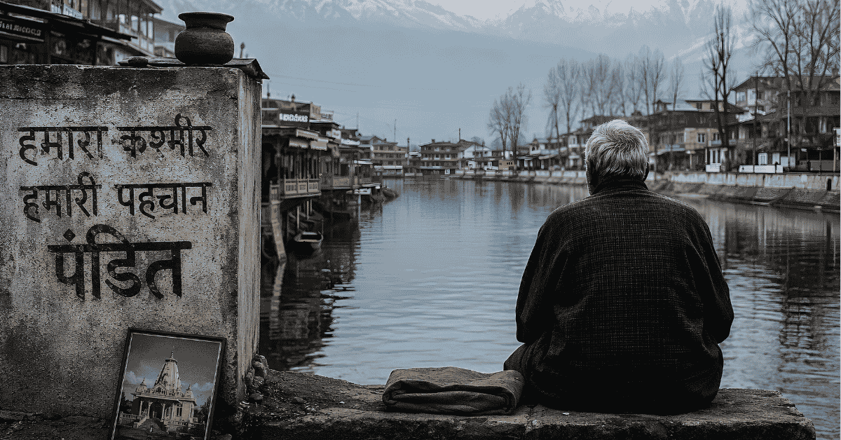An elderly Kashmiri Pandit sits beside a lake overlooking Srinagar with snow-covered Himalayan mountains in the background, symbolising displacement, hope and the ongoing quest for the community's return to Kashmir.