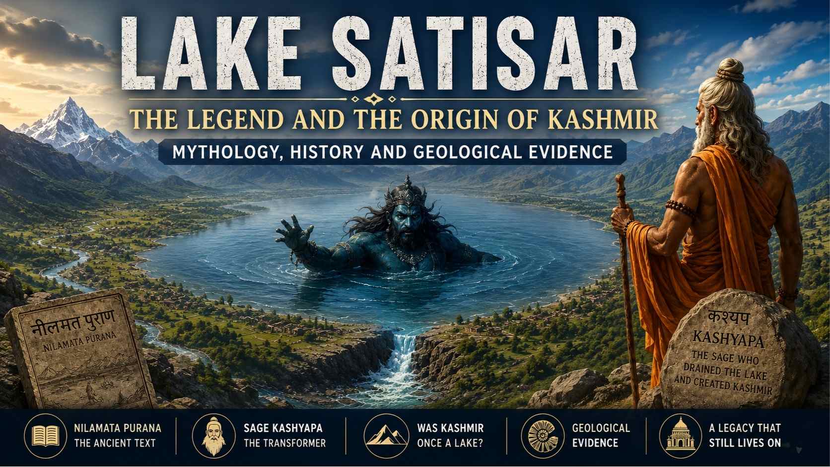Lake Satisar, the legendary prehistoric lake of Kashmir, with Sage Kashyapa, Jalodbhava, and the ancient valley before its transformation