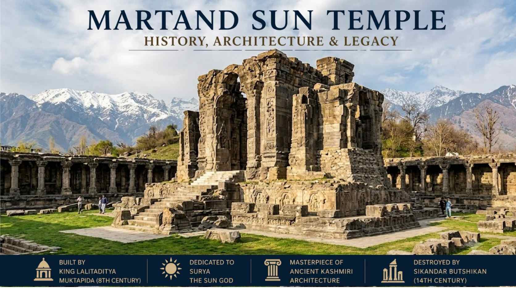 Martand Sun Temple ruins in Anantnag, Kashmir, with the Himalayan mountains in the background, highlighting the temple's history, architecture and cultural legacy.