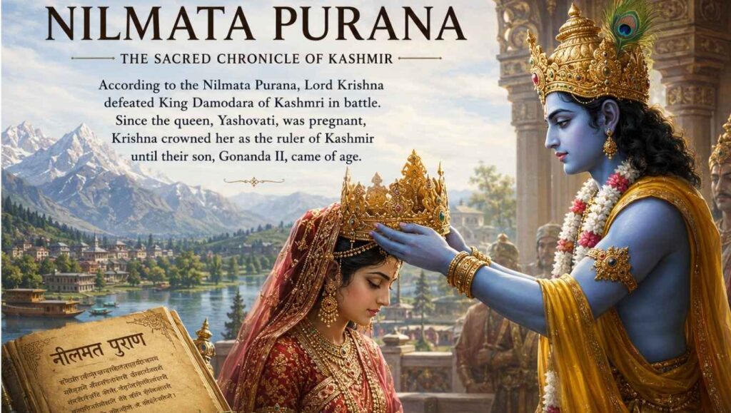 Lord Krishna crowns the pregnant Queen Yashovati as the ruler of Kashmir after defeating King Damodara, set against the majestic Kashmir Valley with the Nilamata Purana manuscript in the foreground.