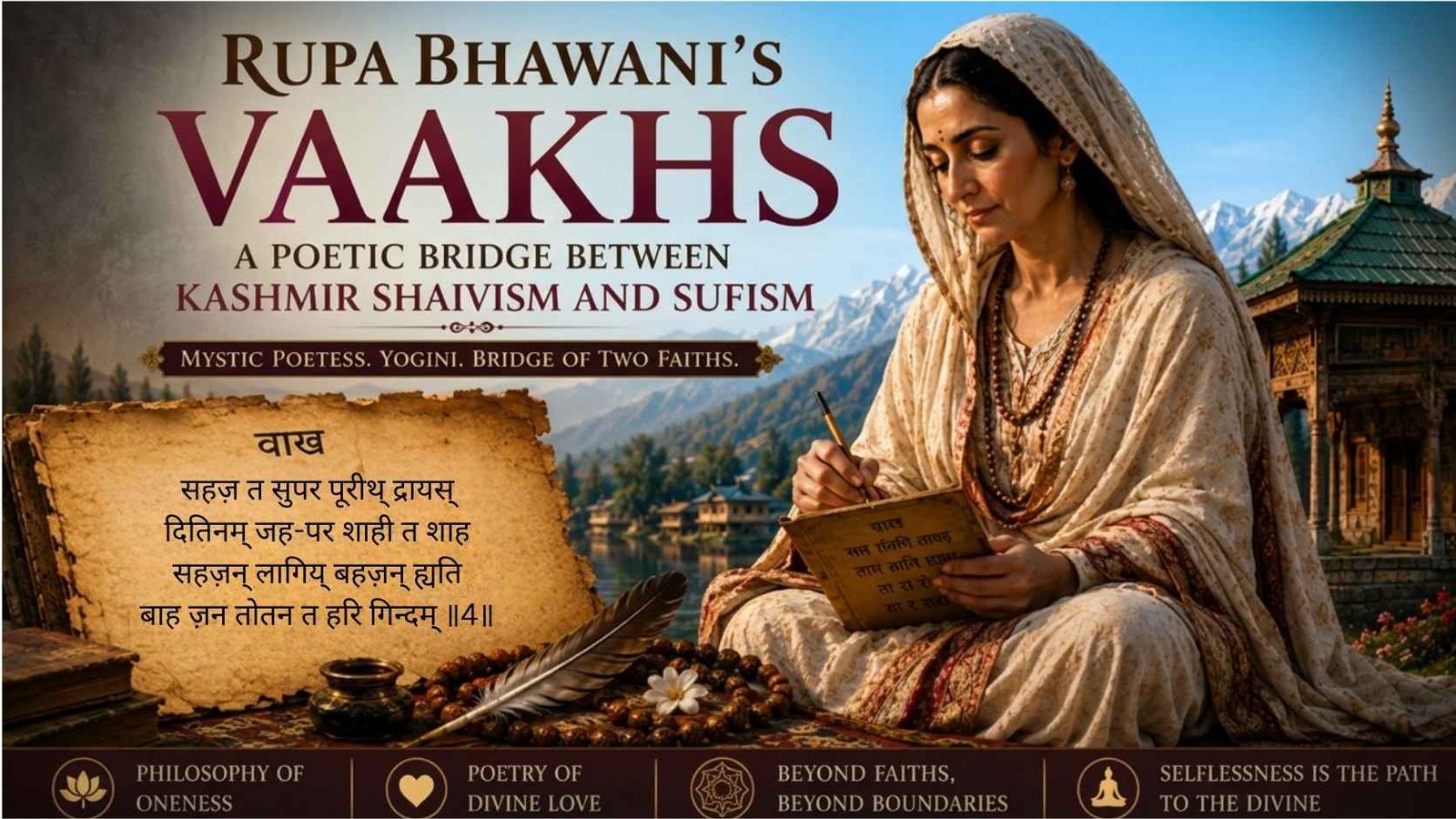 Rupa Bhawani Vaakh in Sharda-inspired script highlighting her mystical teachings on self-realisation and spiritual wisdom.