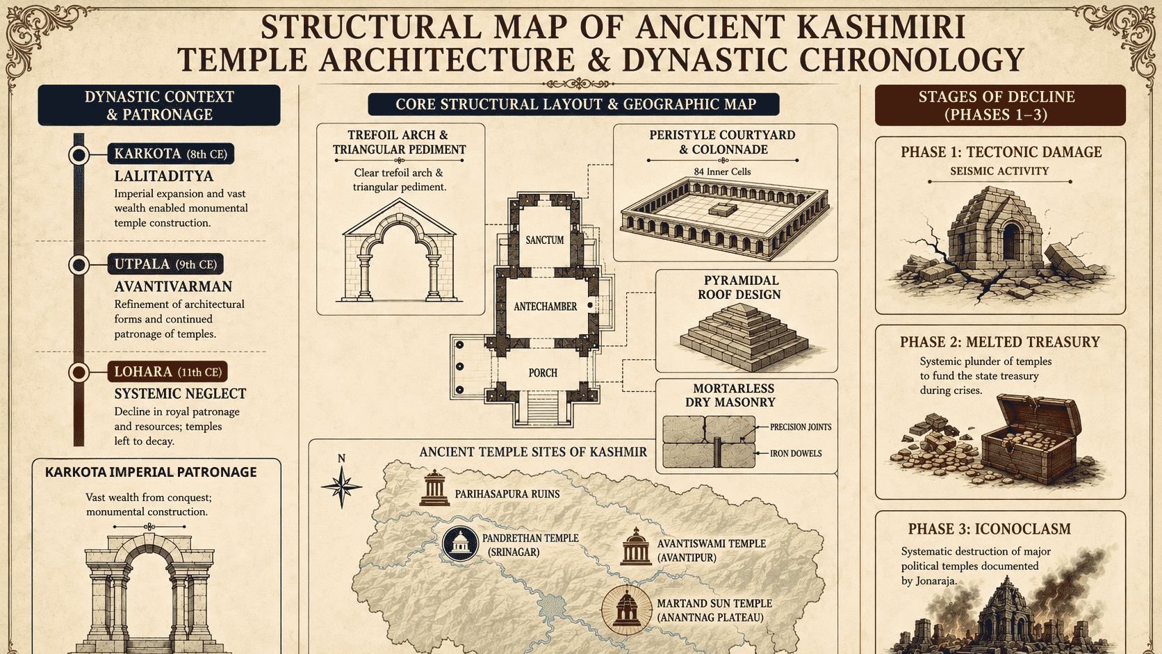Structural map of ancient Kashmiri temple architecture showing dynastic chronology, temple layout, architectural features, major temple sites, and the historical decline of Kashmir's medieval temples.